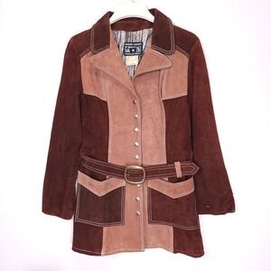 Vintage 70s Two Tone Brown Patchwork Suede Leather Western Belted Jacket 15/16